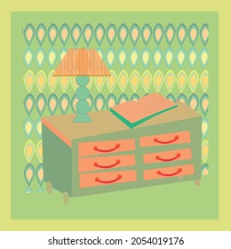 Vector image of a dresser with a book and a lamp im green tones