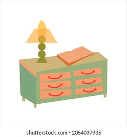 Vector image of a dresser with a book and a lamp in green tones