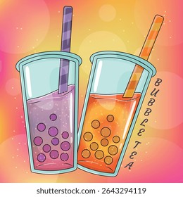 Vector image of a drink. Glass with a drink and a straw. Two glasses. Tea with balls