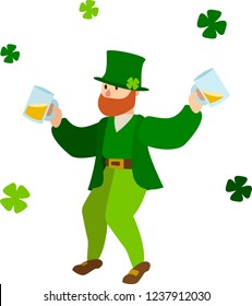 Vector image of drunk leprechaun holding beer. Flat design character.