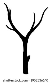 Vector image of a dry tree branch. Isolated icon on white background. Black silhouette of a branch, doodle hand drawn illustration. Simple isolated element for design