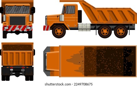 Imagen vectorial de un camión volquete, una camioneta de clase de equipo de construcción anaranjado, vista frontal, trasera, lateral y superior