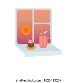 Vector image of a dusk in a window, a cup of coffee and a cake windowsill