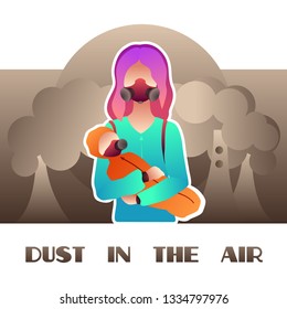 Vector image. Dust in the air. Polluted city. Woman in gas mask with a baby in her arms. Flat style.