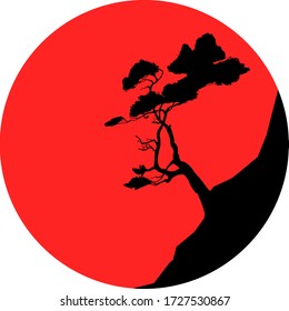 Vector image of a dwarf pine on sunset hand-drawn using graphic technique.