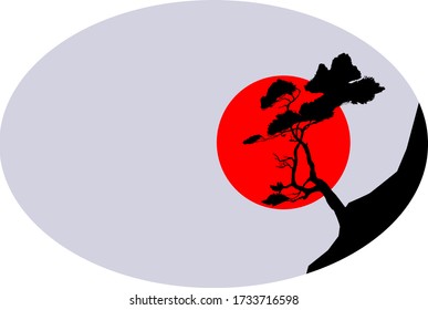 Vector image of a dwarf pine on sunset hand-drawn using graphic technique.