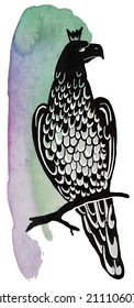 Vector image of an eagle sitting on a branch on a watercolor green background