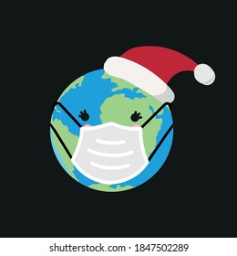 Vector image. Image of the earth at Christmas. Earth with Christmas hat and mask.
