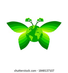 Vector image of earth, trees and butterflies. shades of green. save our planet. suitable for environmental and natural themes.