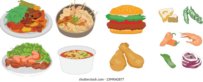 vector image of east food, west food, noodle and ingredients