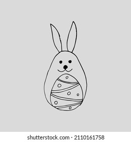 Vector image of an Easter bunny with a decorated egg on a transparent background. Hand drawn.
