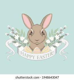 Vector image of an Easter bunny with Easter eggs and flowers. Happy easter. Template for banner, flyer, print, postcard.