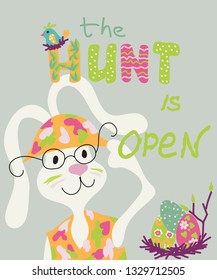 vector image of easter bunny with inscript, lettering, easter card poster or invitation



