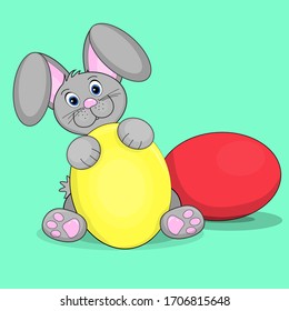 Vector image of an easter bunny with multi-colored eggs.