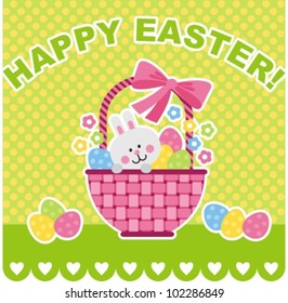 Vector image. Easter bunny sitting in a basket with eggs