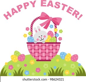 Vector image. Easter bunny sitting in a basket with eggs