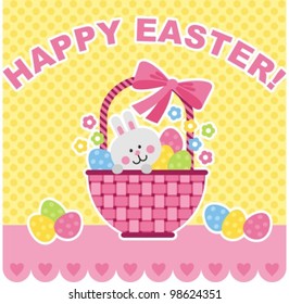 Vector image. Easter bunny sitting in a basket with eggs
