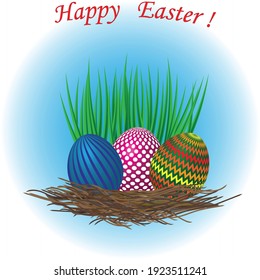 Vector image of the Easter eggs in the nest and the grass and with the text Happy Easter.
