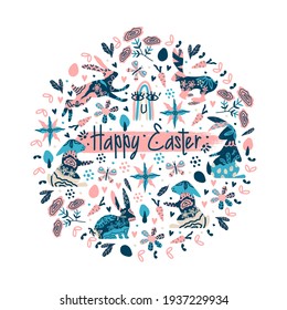 Vector image of Easter. Rabbit, plants, flowers, elements inside an circle silhouette. Can be used for prints, textiles, banners. 