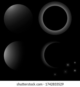 Vector image of an eclipse. Glow of the planet on a black background. Stock Photo.