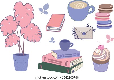 Vector image, editable details. Cute clipart collection. Book, coffee, cake, leaves, cup