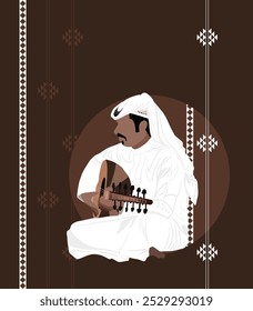 Vector image editable Middle Eastern man in traditional dress playing the oud. Pattern sadu background.