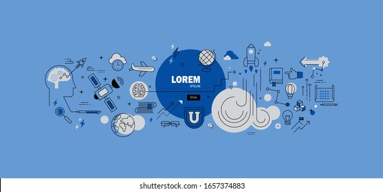 Imagen vectorial. Página de inicio del sitio web de educación. Instituto Politécnico. Imágenes estilizadas que denotan tecnología, ciencia, descubrimientos, educación.