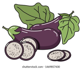 Vector image of eggplant with leaves and slices. For menu design, social networks, leaflets, websites, banners, postcards, packaging, presentation.
