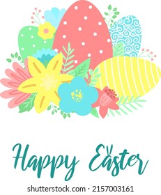 Vector image of eggs, flowers and leaves with an inscription with bunny ears. Hand-drawn Easter illustration for spring happy holidays, summer, greeting card, poster, banner, children, print, decor
