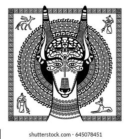 Vector image of an Egyptian dog. Ornament of ancient Egypt. God Anubis, the Ankh and the dog Pharaoh.