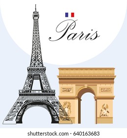 Vector image Eiffel tower hand drawing in black and colorful Triumphal Arch