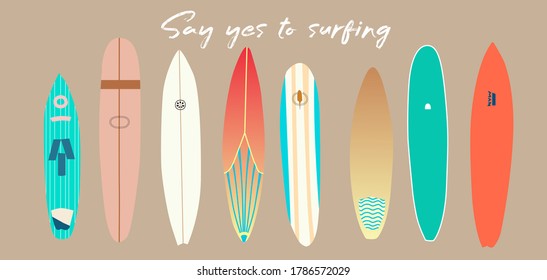 

Vector image, eight bright surfboards