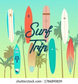 Vector image, eight bright surfboards