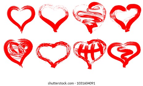 
vector image of eight red hearts painted by brush. heart brush