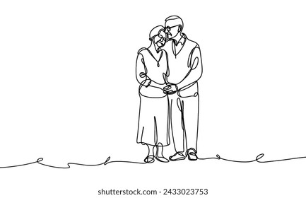 Vector image of an elderly couple holding hands, drawn with one line.