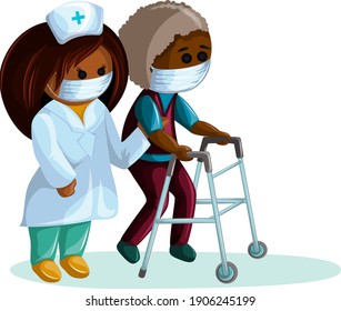 Vector image of an elderly dark-skinned man with diseases of the musculoskeletal system walking with a support and a nurse who helps him