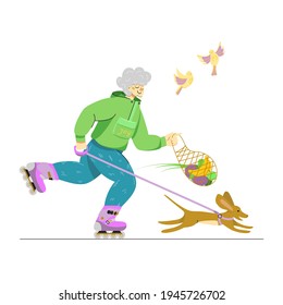 A vector image of an elderly happy lady rollerskating for her leisure time. Smiling senior woman on roller skates with a cute dog. Isolated character illustration on white background. Active ageing.