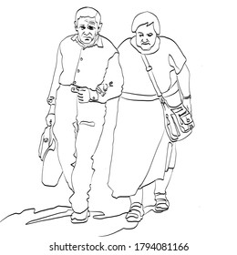 Vector image of an elderly man and a woman walking along the road in their hands carry bags