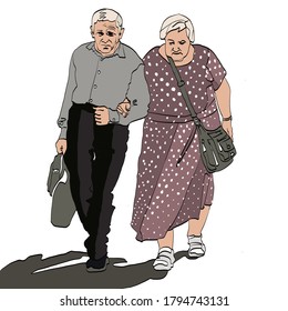 Vector image of an elderly man and a woman walking along the road in their hands carry bags