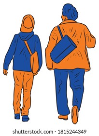Vector image of elderly woman with her grandson walking together along street and talking