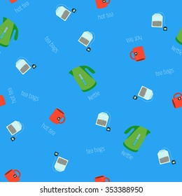 Vector image of the electric kettle. and cup of tea. Seamless pattern