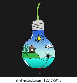 Vector image of electric lamp. Doodle world in light bulb concept. Hand drawn concept of an ecological disaster is the world in a broken light bulb.