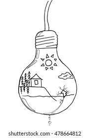 Vector image of electric lamp. Doodle world in light bulb concept. Hand drawn concept of an ecological disaster is the world in a broken light bulb.