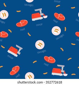 Vector image of an electric mincer and meat. Seamless pattern.