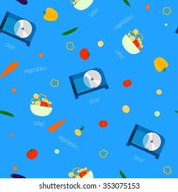 Vector image of electric slicers and vegetables. Seamless pattern.