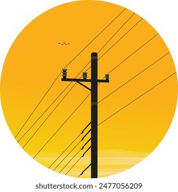 vector image of an electricity pole at dusk, on a hill and beautiful clouds