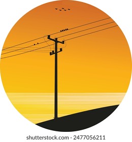 vector image of an electricity pole at dusk, on a hill and beautiful clouds