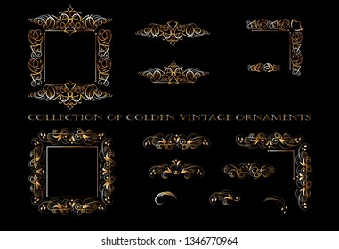 Vector image of the elements for the design of cards. Golden ornament elements on a black background for the design of greeting and invitation cards.