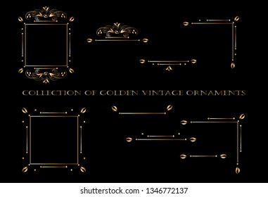 Vector image of the elements for the design of cards.Golden ornament elements on a black background for the design of greeting and invitation cards. Vector design elements for infographic, web.