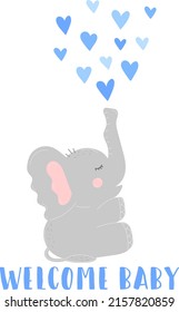 Vector image of an elephant with blue hearts. Illustration for celebrating baby shower, birthday of boy. Invitation and greeting card.